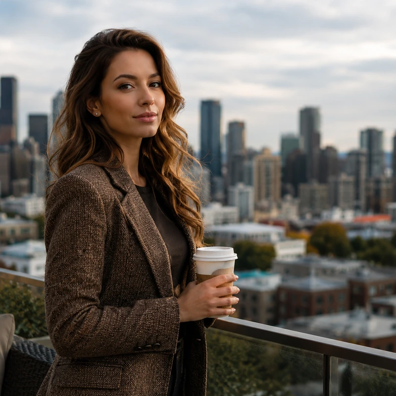 Confident adult sugar baby enjoying an independent lifestyle overlooking Seattle